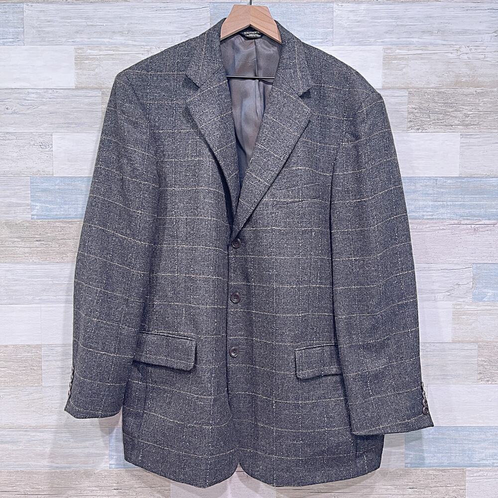 Southwick Tweed Wool Windowpane Check Sport Coat Brown Three Button Mens 44R